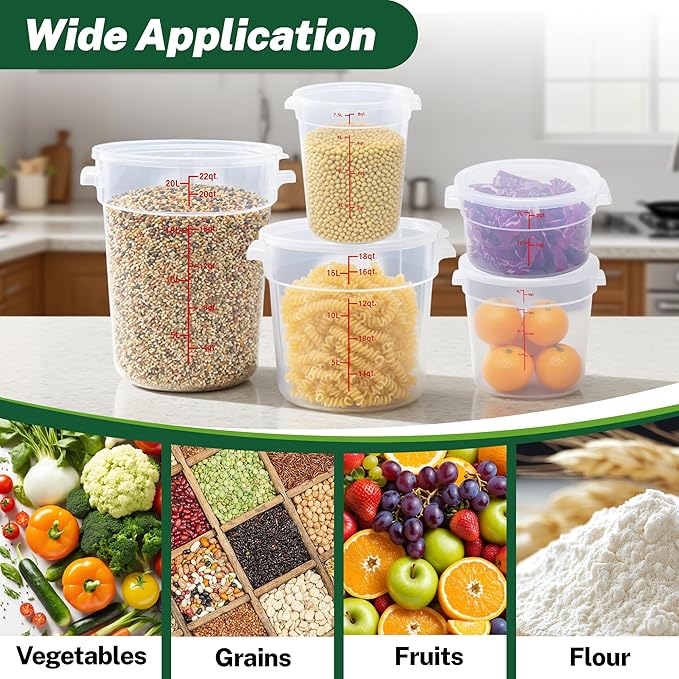Round Food Storage Container with Lid, 8Qt Translucent, Commercial 4 Pack of – NSF Listed, BPA-Free, Polypropylene, Non-Stick, Scale, with Labels & Measuring Cups