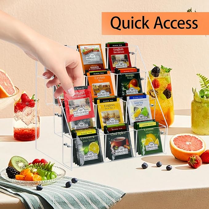 Tea Bag Organizer Holder, Acrylic Tea Packets Storage Box Container Display Stand Rack for Counter Cabinet Countertop Kitchen Office, 4 Tier