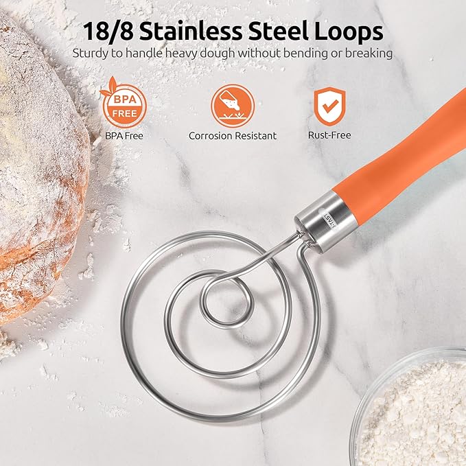 U-Taste 18/8 Stainless Steel Measuring Cups and Spoons Set of 10 and 12.6in Stainless Steel Danish Dough Whisk (Orange)