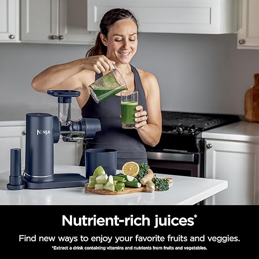 Ninja NeverClog Cold Press Juicer, Powerful Slow Juicer with Total Pulp Control, Countertop, Electric, 2 Pulp Functions, Dishwasher Safe, 2nd Generation, Blue/Navy, JC151NV