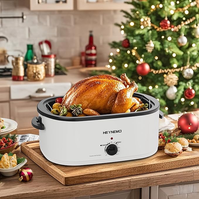 24QT Electric Roaster Oven, Electric Turkey Roaster with Viewing & Self-basting Lid, Stainless Steel Turkey Roaster Oven, White