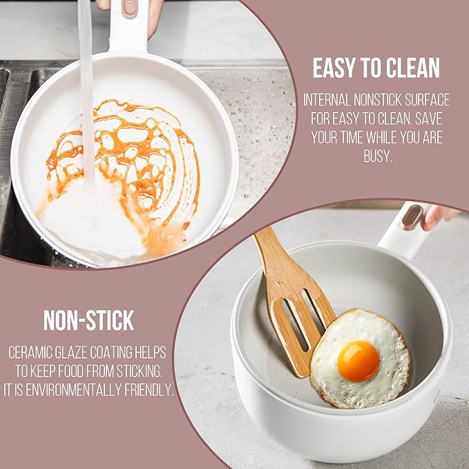 Bear Hot Pot Electric with Steamer, 1.6L Rapid Noodles Cooker, Mini Pot, Non-Stick Frying Pan for Steak, Ramen, Egg, Oatmeal, Soup with Power Adjustable
