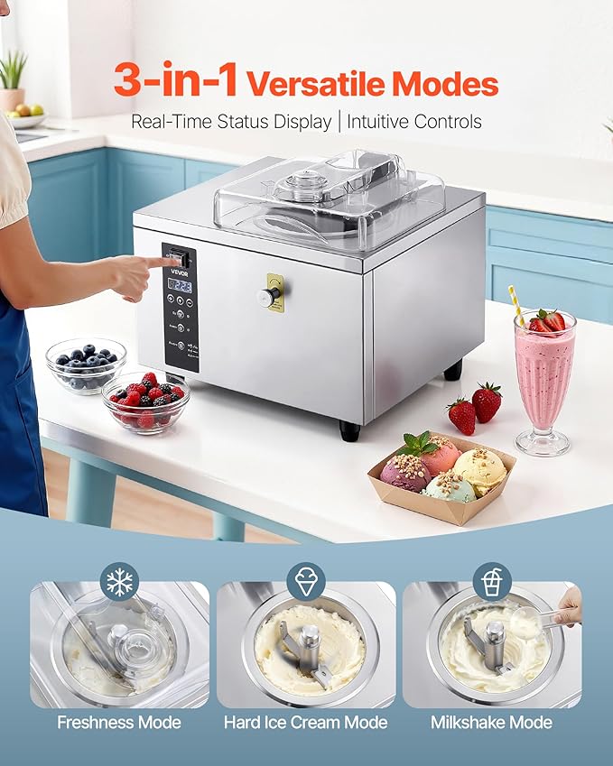 VEVOR Commercial Hard Ice Cream Machine, 500W 1.32 Gal/Hour, Gelato Hard Serve Ice Cream Maker with 2.8L 304 Stainless Steel Cylinder, Auto Clean LED Panel High Productivity for Snack Bar Restaurants