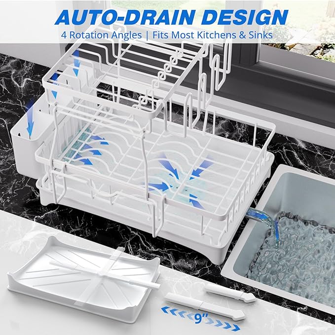 Godboat Dish Drying Rack, 2-Tier Dish Rack with Auto-Drain & Mat, Dish Racks for Kitchen Counter, Dish Drainer with Knife, Fork & Cup Rack, Gifts for Women, Mothers Day, Kitchen Gadgets, White