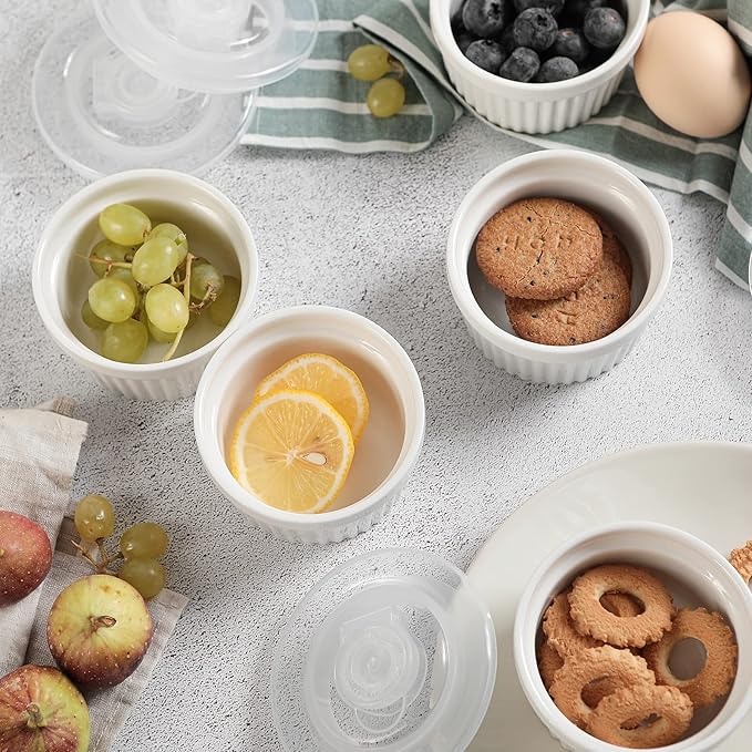 DOWAN Ramekins with Lids 4 oz Oven Safe, Creme brulee Souffle Dishes Ramekins with Covers, Porcelain Small Bowls for Baking Custard Cups, Set of 6, White