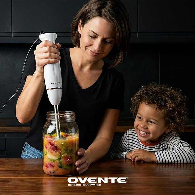 OVENTE Immersion Hand Blender, 300W Electric Handheld Stick Mixer with 2 Mixing Speeds and Stainless Steel Blades for Smoothies, Purees & Baby Food, White HS560W