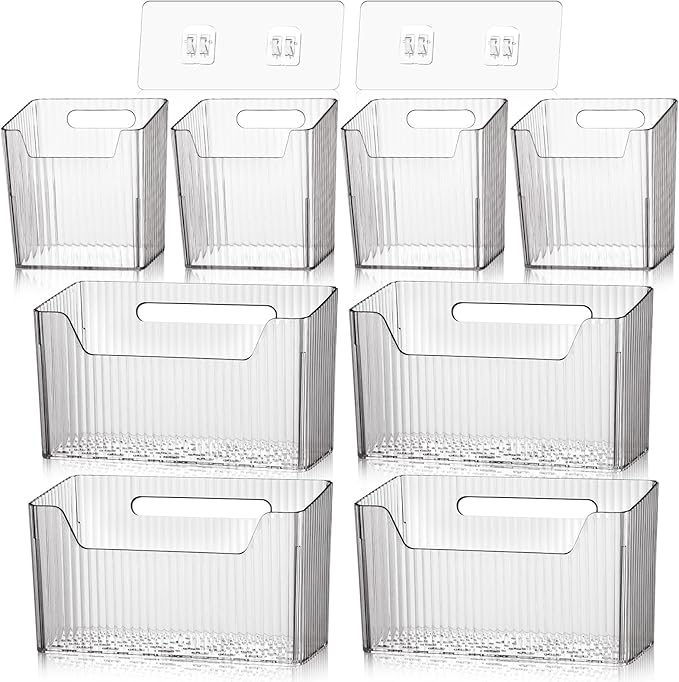 8 Pcs Storage Organizer Bins Wall Mounted Organizer Basket Plastic Cabinet Door Bins Stackable Hanging Baskets for Organizing for Wall Refrigerator Kitchen Bathroom Pantry(3.94'',Clear)