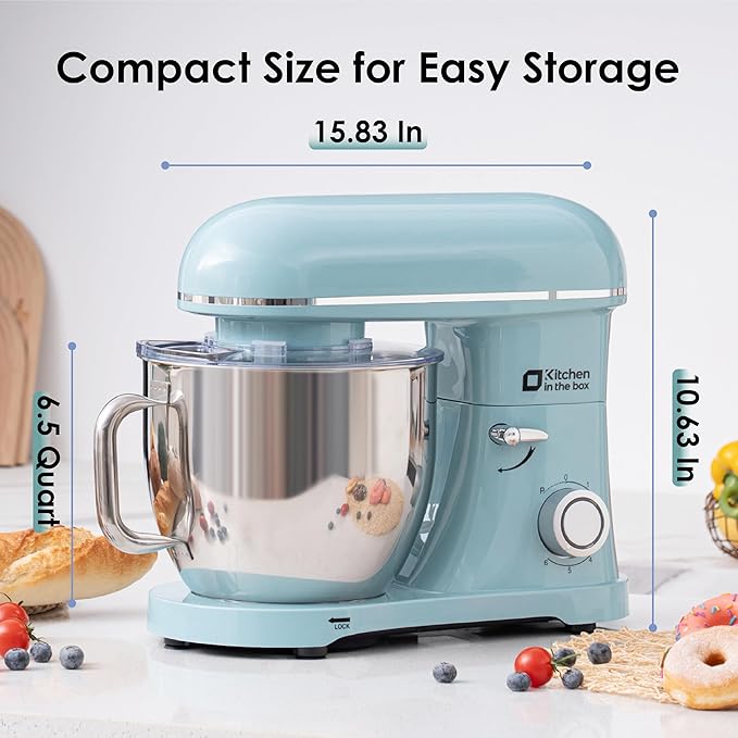 Kitchen in the box Stand Mixer - 6.5 Quart Mixing Bowl with Handle, 900 Watt Heavy Bread Dough Standing Mixers Tilt-head with Dough Hook, Whisk, Flat Beater and Splash Guard (Blue)