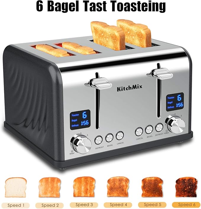 KitchMix Toaster 4 Slice, Bagel Stainless Toaster with LCD Timer, Extra Wide Slots, Dual Screen, Removal Crumb Tray (Gray)