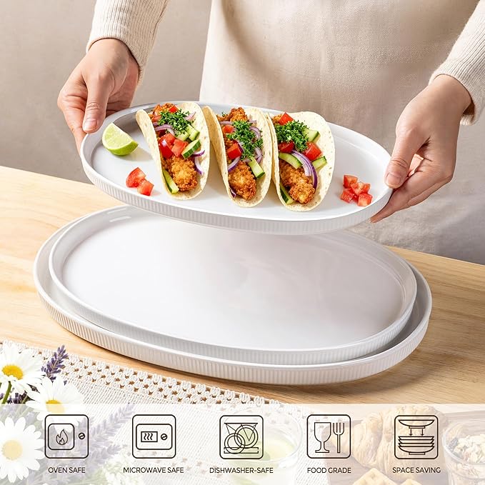 theterra Ceramic Serving Platter, 15.6"/14.4"/12.2" Oval Serving Dishes for Entertaining, Oven Safe, Microwave Safe, Serving Plates Set of 3 for Wedding, Party, Turkey, Bright White