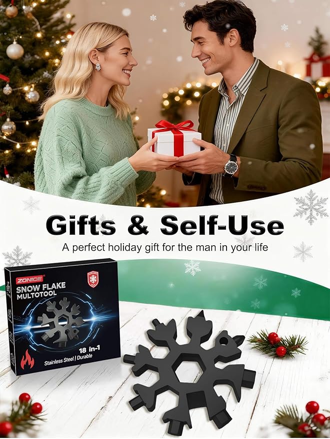 18-in-1 Snowflake Multi Tool – Stainless Steel with Bottle Opener & Wrench,Compact EDC Tool for Camping,Fishing,Hiking, Stocking Stuffers,Gifts for Men,Dad,Husband (Black)