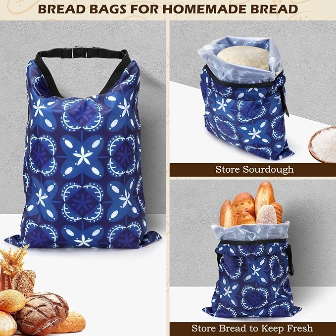 2 Pack Reusable Bread Bags for Homemade Bread, 17"×13" Sourdough Bread Storage Bags with Bowl Cover - Keep Loaf Fresh and Easy to Wash(Blue Gemstone Floral)