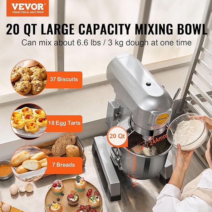 VEVOR Commercial Food Mixer, 20Qt Commercial Mixer with Timing Function, 750W Stainless Steel Bowl Heavy Duty Electric Food Mixer Commercial with 3 Speeds Adjustable 108/199/382 RPM, Dough Hook Whisk
