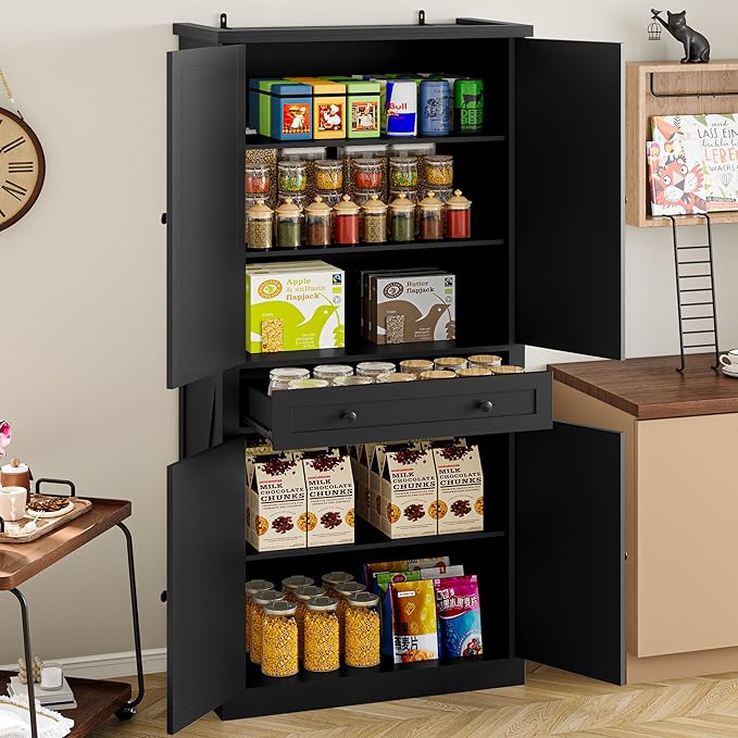 Pantry Organizers and Storage Cabinet, 70” Barn Door White Kitchen Cabinet with Drawers and Adjustable Shelf, Tall Pantry for Kitchen, Dining Room, Living Room Bedroom