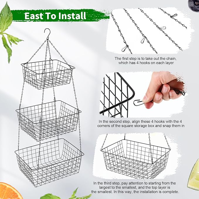 Hicarer 3 Tier Hanging Fruit Basket Square 35.4 Inch Fruit Organizer Kitchen Heavy Duty Wire Organizer with Metal Ceiling Hooks for Kitchen Vegetable Produce Storage