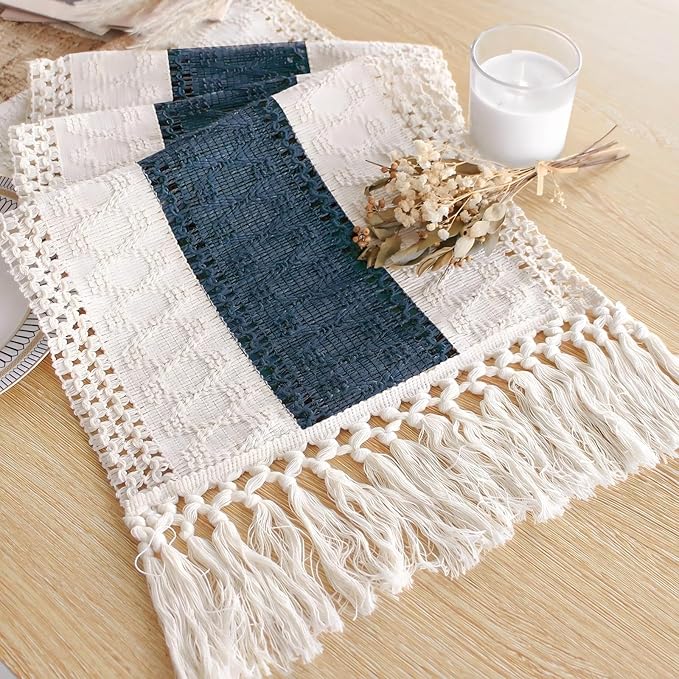 FEXIA Boho Table Runner for Home Decor with Tassels 60 Inches Long,Blue Farmhouse Rustic Table Runner Macrame Burlap Table Decoration for Living Room Bridal Shower(12x60 Inches)