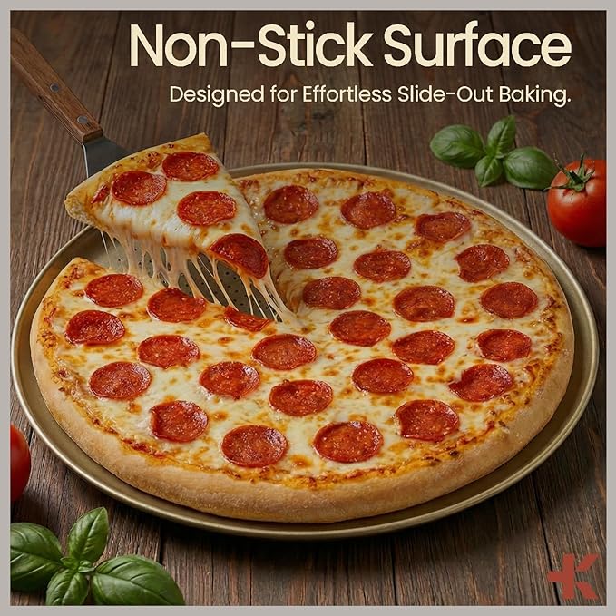 Bakken 16 Inch Non-Stick Pizza Pan 1 Pack, Round Carbon Steel Pizza Tray with Perforated Holes, PFOA, PFOS, & PTFE-Free, Dishwasher & Oven Safe Up To 450°F, Durable Nonstick Coating, Gold