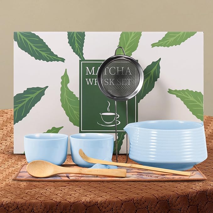 HELPLX Matcha Whisk Set 10-Piece Japanese Matcha Kit with BowlWhisk & Holder2 Tea CupsBamboo ScoopSpoonSifterScoop Rest & Tea Towel – Blue Matcha Tea Set for Ceremony or Daily Use