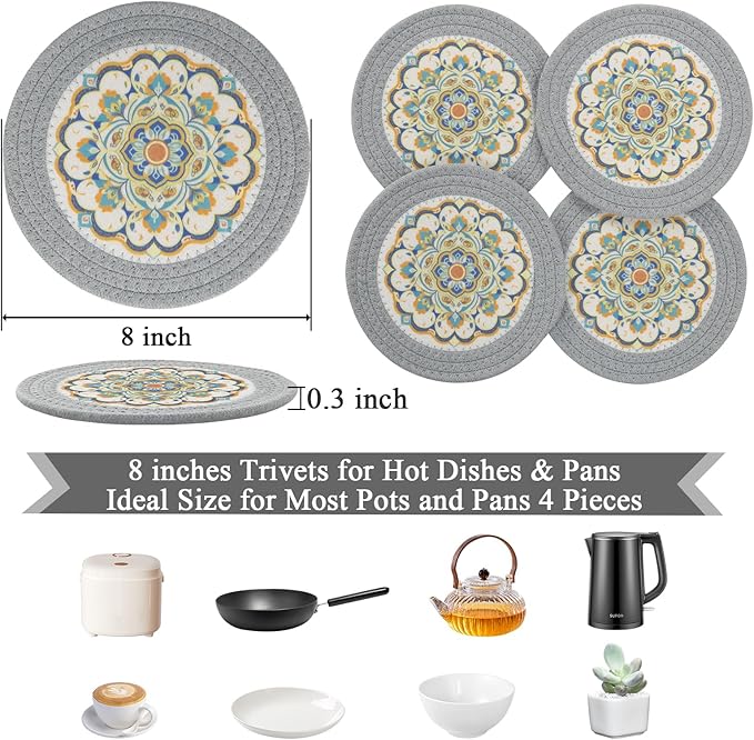 SHACOS 8 Inches Trivets for Hot Dishes, 4 Pieces Cotton and Felt Floral Pattern Trivets Mats for Kitchen, Hot Pads for Countertops, Heat-Resistant Pot Holders for Hot Pots and Pans (Grey, 4pcs)