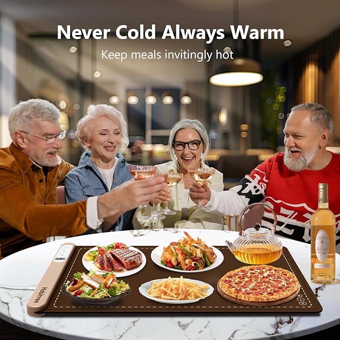 Warming Silicone Mat for Food - Day Gifts Kitchen Gadget, Graphene Rapid Heating, Warming Tray with 6-Level Temp Control, Rollable, Easy Clean - for Parties, Gatherings (Brown)