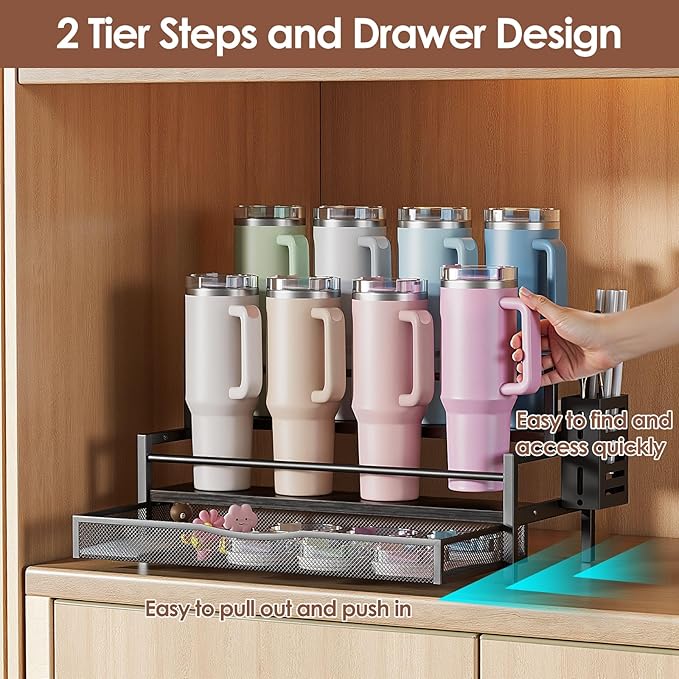 Water Bottle Organizer for Full Stanley 40 oz Tumbler with Handle, 2 Tier Tumbler Organizer for 8 Cups, Kitchen Pantry Organizers and Storage for Owala Stanley Cup Accessories, Black