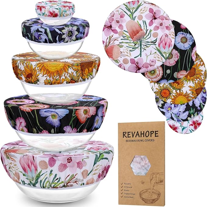 5-Size Reusable Beeswax Bowl Covers for Bread Proofing, Cotton Cloth Flexible Beeswax Wraps for Food Storage(Protea Floral)