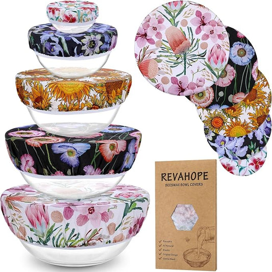 5-Size Reusable Beeswax Bowl Covers for Bread Proofing, Cotton Cloth Flexible Beeswax Wraps for Food Storage(Protea Floral)