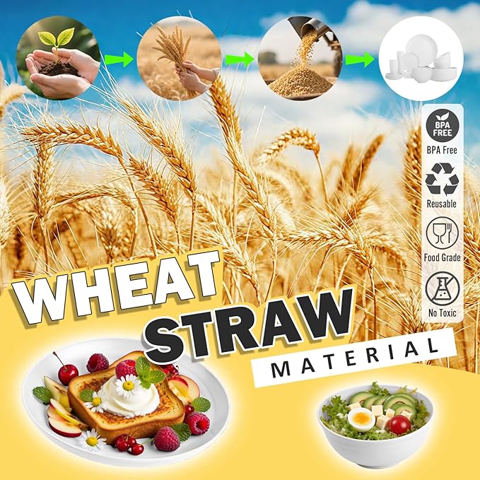 Wheat Straw Dinnerware Sets Service for 8, 32 Piece Plates and Bowls Sets, Microwave & Dishwasher Safe Dishes, Perfect for Kitchen Camping Picnic RV Dorm - White