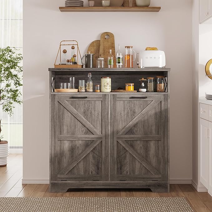 Befrases Double Tilt Out Trash Can Cabinet for 13 * 2 Gallon Garbage Can, Farmhouse Kitchen Garbage Trash Bin for Hidden Laundry Basket, Dual Dog Proof Recycling Cabinet for Dining Living Room, Grey