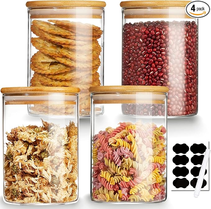 Mfacoy 4 Pack Glass Storage Jars with Airtight Bamboo Lid, 27 OZ Glass Canisters Set with Labels, Glass Food Storage Jar for Kitchen, Clear Container for Candy, Cookie, Coffee Beans, Snacks, Spices