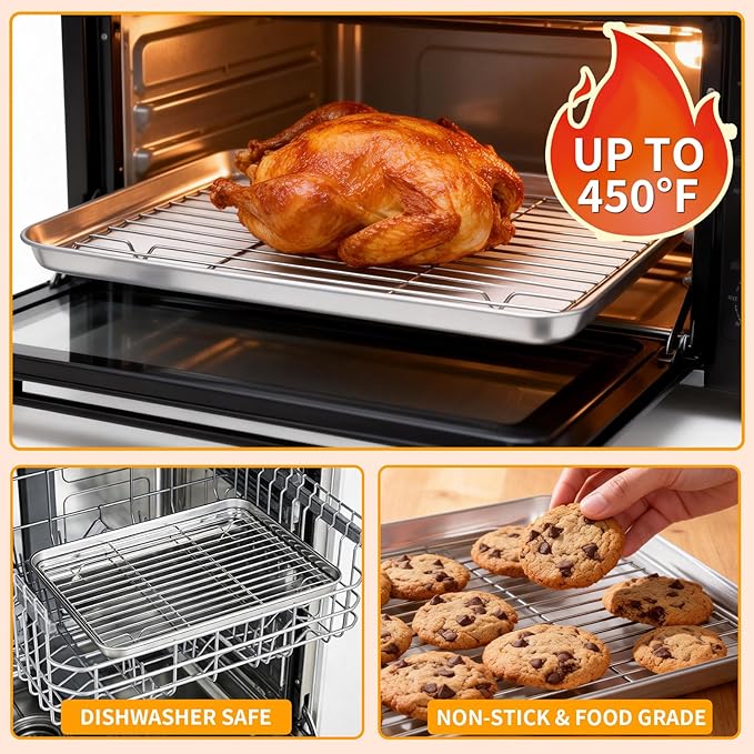 Baking Sheet Pan Set of 8, CEKEE Stainless Steel Cookie Sheets for Baking with Cooling Rack, Small/Quarter/Jelly Roll Pans, 9/10/12/16 Inch, 0.8mm Thick Heavy Duty & Non Toxic & Easy Clean