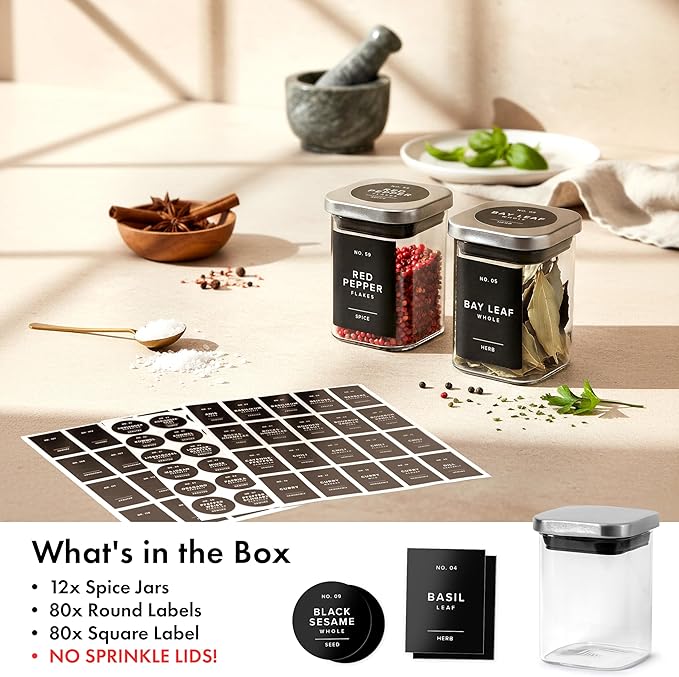 EDELHAUS Glass Spice Jars with Labels and Steel Lids (12 x 6.4oz) Spice Containers with 160 Label, Steel Funnel, Shaker Inserts, Empty Square Seasoning Organizer for Spice Rack, Cabinet, Drawer
