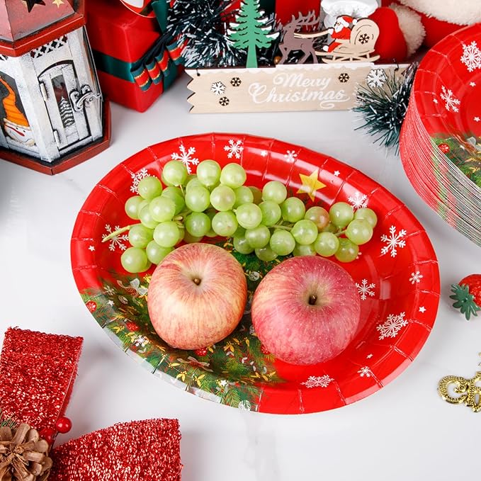 WDF 50Pack Christmas Paper Plates - Oval Paper Plates 10" x 12" for Party Supplies Christmas Trees Large Disposable Platter for Serving Tray Baby Shower Birthday