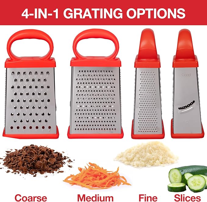 Box Cheese 4-Sided Grater w 2 Attachable Storage Containers w Lids- Mess-Free Shredder & Slicing - Stainless Steel, Soft Grip Handle, Non-Slip Base, Built-In Measurements- Thanksgiving Kitchen Gadget