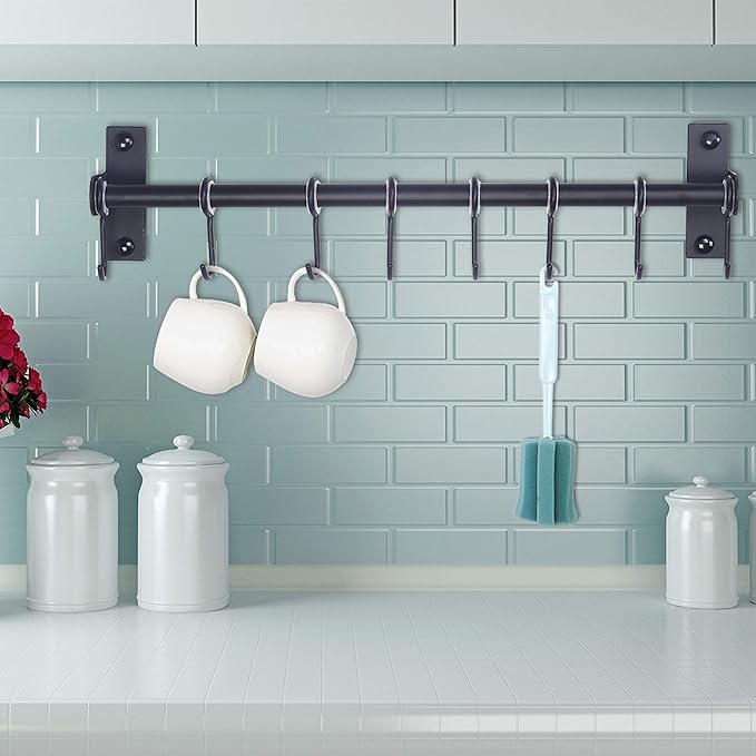 Dseap Kitchen Utensil Holder Hanger, Pot and Pan Rack Wall Mount, Kitchen Rail with 8 Hooks for Hanging Cooking Utensils, Mugs, Spoons, Wall Mounted, Stainless Steel, Black