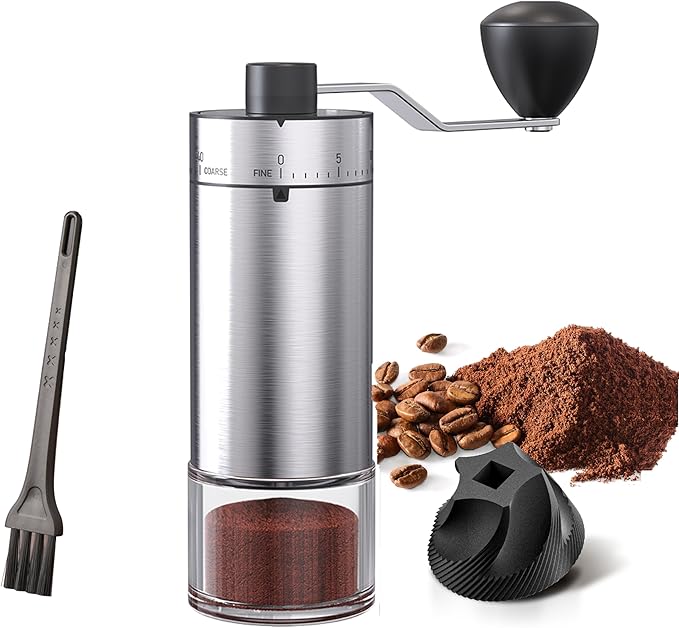 Portable Coffee Grinder Conical Burr for Espresso French Press Pour Over Double Bearing Internal Adjustment Capacity 25g (Silver-Ceramic Burr)