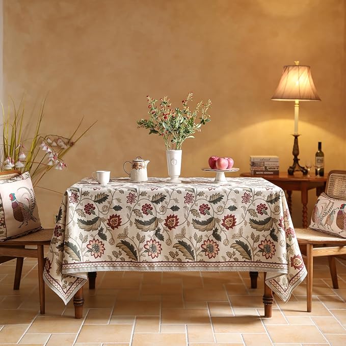 ISAENNE Designer Provence Floral Tablecloth Rectangular,Linen Colorful Washable Indoor Table Cloth,Durable Decor Tablecloths for Dining Thanksgiving Kitchen Christmas,55"*87"-Ratina