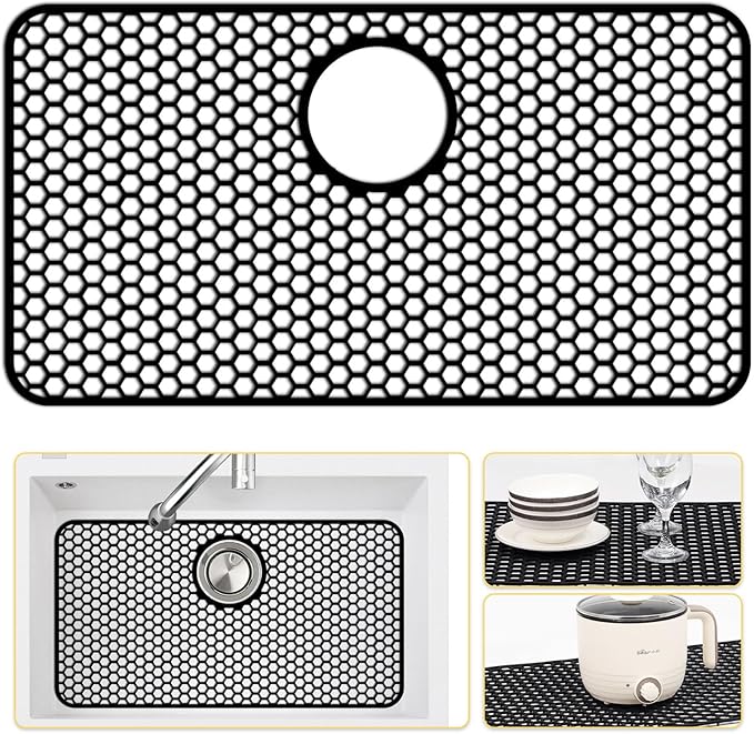 Bestjing Silicone Sink Protectors for Kitchen Sink with Rear Drain - 26"x 14" Kitchen Protector Accessory, Non-Slip Heat Resistant Grid Mat for Bottom of Farmhous Stainless Steel (Rear Hole, Black)