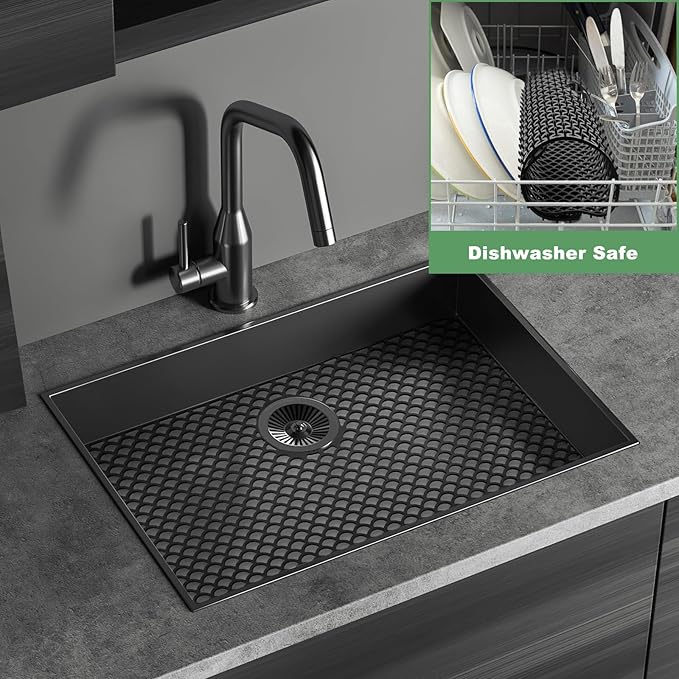 Sink Protectors for Kitchen Sink - Large 28.4"x 15" with Rear Drain Hole Heat Resistant Easy Clean Non-slip Silicone Kitchens Sinks Mat for Bottom of Kitchen Sinks Stainless Steel(Black)-72x38CM