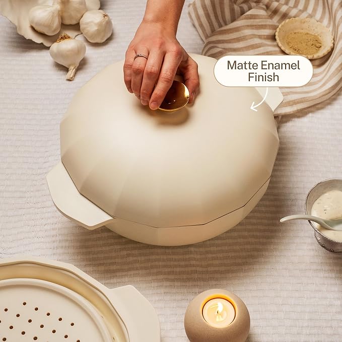 Cravings by Chrissy Teigen The Perfect Pan 5.3 Qt Dutch Oven Pot with Lid, Nonstick Lightweight Aluminum Everyday Pot with Steamer/Strainer Insert, Oven & Stovetop Safe (White)