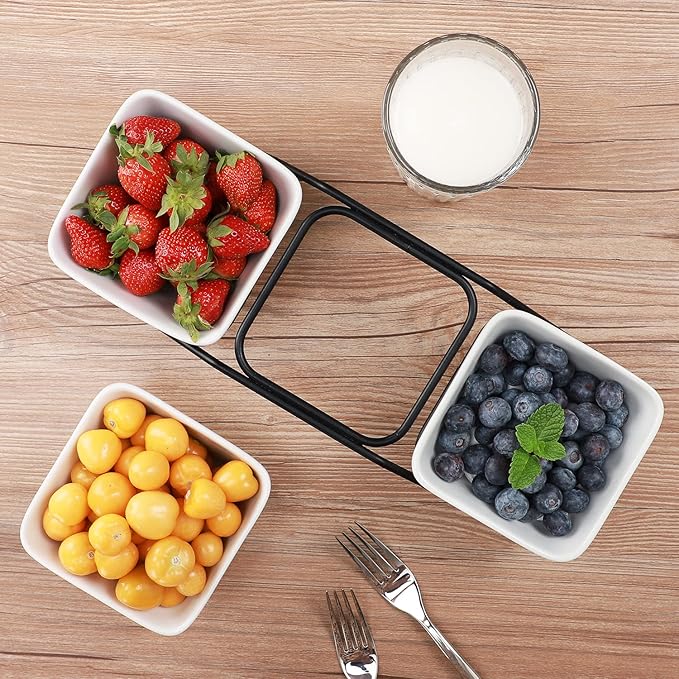 Buyajuju 3 pcs square bowl Porcelain Chip & Dip Serving Set with Black Metal Stand, 4.5inch White Small Serving Bowls for Side Dishes, Salsa, Appetizer, Serving Dishes for Entertaining 11.5 OZ