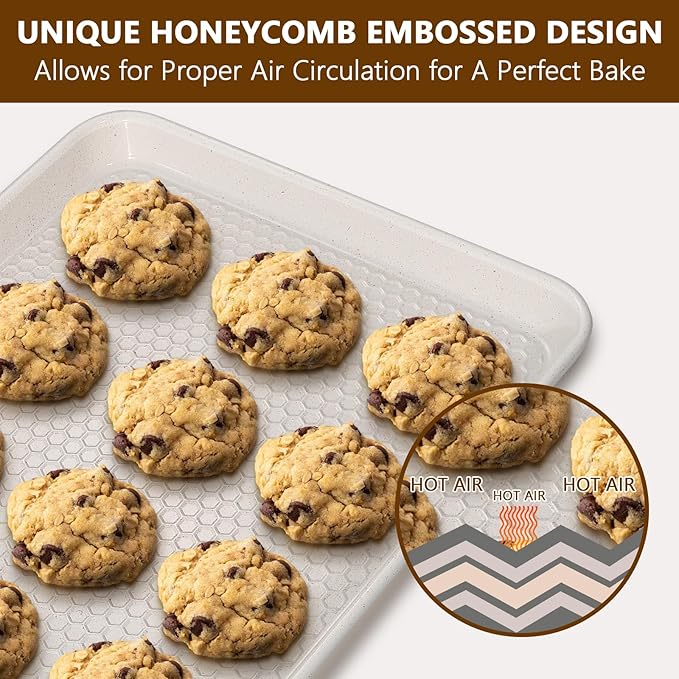 Wildone Baking Sheet Pan Set, Honeycomb Embossed Nonstick Baking Sheet 15x10 In, Thicker Carbon Steel Cookie Sheet, Even Heating Jelly Roll Pan, White, 2 Pack