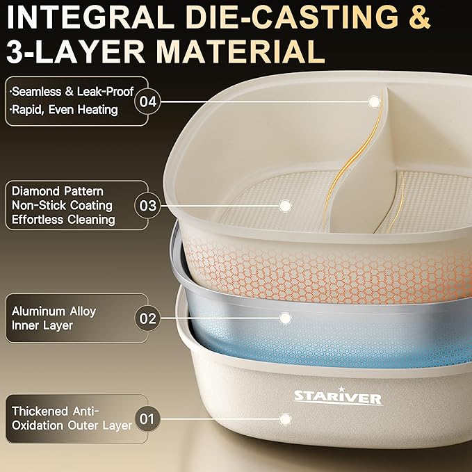 Stariver Hot Pot Electric with Divider, Large 6L Nonstick Double-Flavor Electric Shabu Shabu Pot, 1500W Hotpot with 3 Power Settings, Perfect for Family Dinners & Parties,White