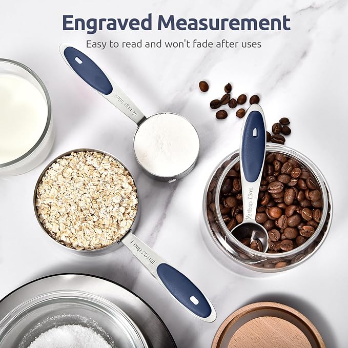 U-Taste Measuring Cups and Spoons: Food Grade 18/8 Stainless Steel 12 Pieces Metal Stacking Kitchen Baking Cooking Measure Set with Strengthened Weld Joints (Midnight Blue, Upgraded Version)
