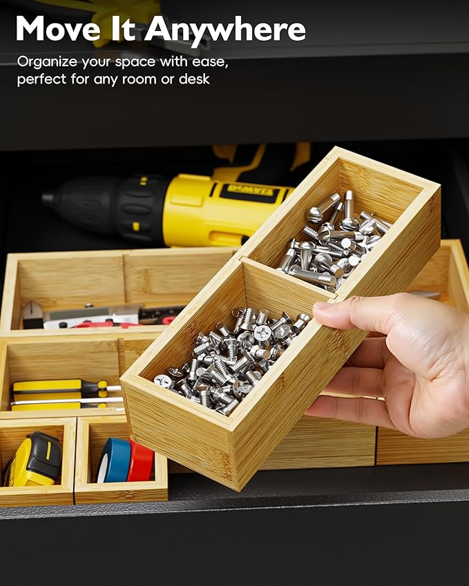 6PCS Desk Drawer Organizer Tray with 12 Compartments – Bamboo Office Storage Boxes Set for Junk Drawer Supplies, Utensils, Cosmetics, Jewelry and More