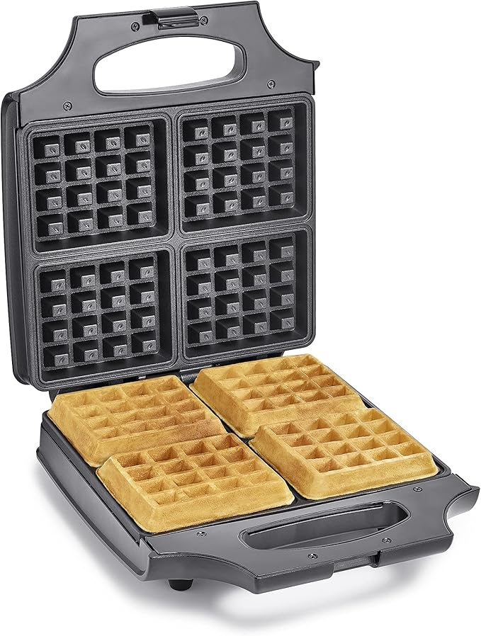 bella Waffle Iron - 4 Square Belgian Waffle Maker, Non-stick Extra Large Plates for Easy Cleanup - Compact Design, Stainless Steel, Black, 1400W