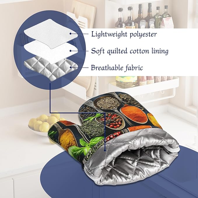 Oven Mitts and Pot Holders Sets Colorful Spices Silicone Kitchen Mits Potholders Cooking Herb Spoons Heat Resistant 4Pcs Oven Gloves Hot Pads for Baking Cooking BBQ Grilling Home Decor
