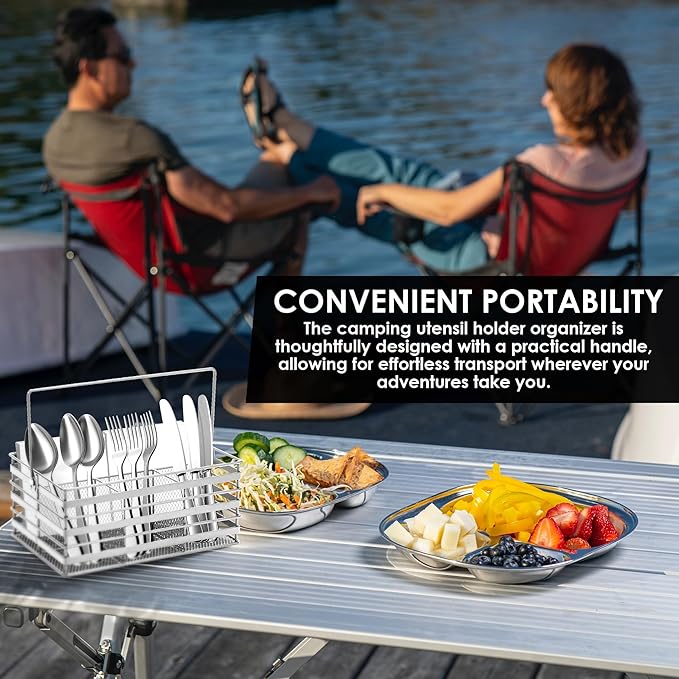 Stainless Steel Utensil Basket,Dishwasher , Flatware Basket, Kitchen, Countertop, Office, Camping, Outdoors, and Restaurants, 4-Compartment, Silver