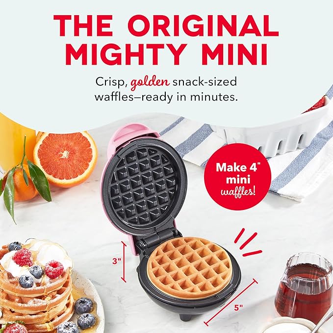 Dash Mini Waffle Maker- Compact Electric Iron for Creative Homemade Treats - PTFE nonstick surface - Easy-to-Clean - Perfect for Kids & Families - Pink