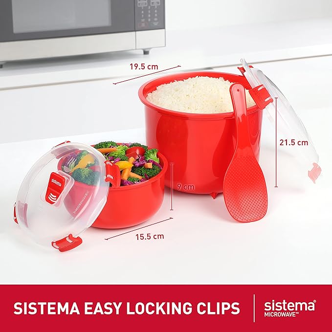 Sistema Heat & Eat Microwaveable Rice Cooker & Food Container Set with Steam Release Vents, Microwave Rice Cooker & Round Food Storage Container, Dishwasher & Freezer-Safe, BPA-Free